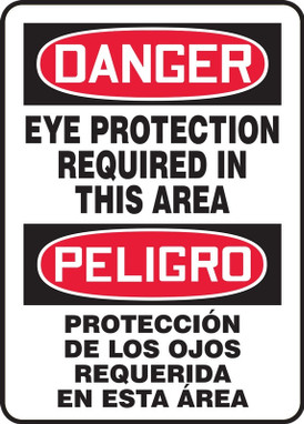 Bilingual Spanish OSHA Danger Safety Sign: Eye Protection Required In This Area 20" x 14" Plastic 1/Each - SBMPPA007VP