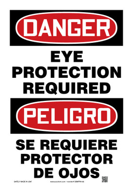 Bilingual Spanish OSHA Danger Safety Sign: Eye Protection Required 20" x 14" Plastic 1/Each - SBMPPA109VP