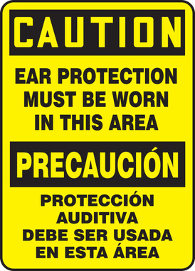 Bilingual OSHA Caution Safety Sign: Ear Protection Must Be Worn In This Area Bilingual - Spanish/English 14" x 10" Adhesive Vinyl 1/Each - SBMPPA603VS