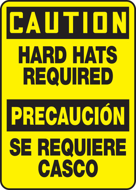 Bilingual OSHA Caution Safety Sign: Hard Hats Required 14" x 10" Adhesive Vinyl 1/Each - SBMPPA640VS