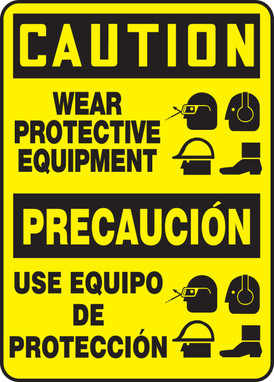 Bilingual OSHA Caution Safety Sign: Wear Protective Equipment 14" x 10" Adhesive Dura-Vinyl 1/Each - SBMPPE755XV