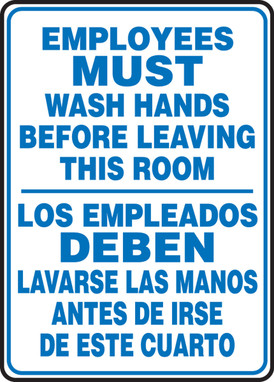 Bilingual Safety Sign: Employees Must Wash Hands Before Leaving This Room 14" x 10" Plastic 1/Each - SBMRST578VP