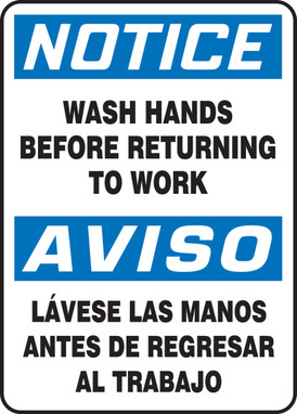 Bilingual OSHA Notice Safety Sign: Wash Hands Before Returning To Work 14" x 10" Dura-Fiberglass 1/Each - SBMRST813XF