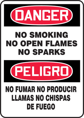 Spanish Bilingual OSHA Danger Smoking Control Sign: No Smoking - No Open Flames - No Sparks 20" x 14" Dura-Fiberglass 1/Each - SBMSMK005XF