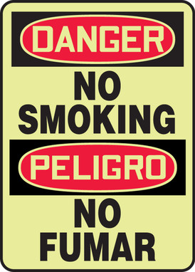 Bilingual Glow-In-The-Dark OSHA Danger Safety Sign: No Smoking 14" x 10" Lumi-Glow Flex 1/Each - SBMSMK014GF