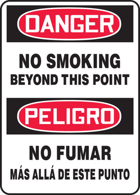 Spanish Bilingual OSHA Danger Smoking Control Sign: No Smoking Beyond This Point 14" x 10" Adhesive Vinyl 1/Each - SBMSMK019VS