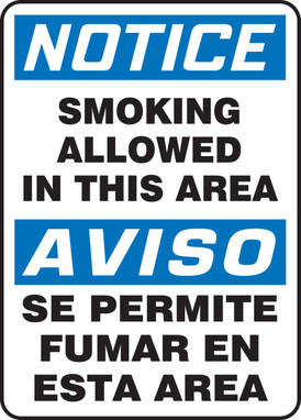 Bilingual OSHA Notice Safety Sign: Smoking Allowed In This Area 14" x 10" Aluminum 1/Each - SBMSMK806VA