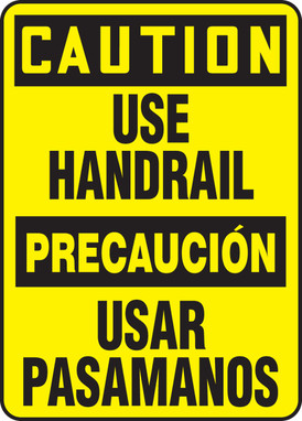 Bilingual OSHA Caution Safety Sign: Use Handrail 14" x 10" Lumi-Glow Flex 1/Each - SBMSTF507GF
