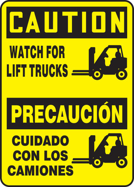 Bilingual OSHA Caution Safety Sign: Watch For Lift Trucks (Graphic) 14" x 10" Adhesive Vinyl 1/Each - SBMVHR600VS