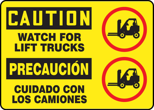 Bilingual OSHA Caution Safety Sign: Watch For Lift Trucks 10" x 14" Adhesive Vinyl 1/Each - SBMVHR684MVS