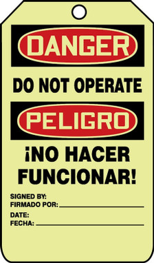 Glow Bilingual OSHA Danger Safety Tag: Do Not Operate 5" x 3" 10/Pack - SBTAW118