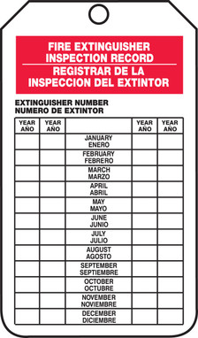 OSHA Fire Extinguisher Tags: Fire Extinguisher Inspection Record Bilingual - Spanish/English RP-Plastic 5/Pack - SBTRS217PTM