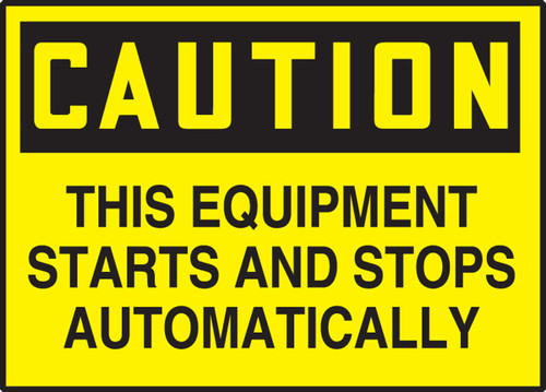 OSHA Caution Equipment Safety Label: This Equipment Starts And Stops Automatically Spanish Adhesive Vinyl 3 1/2" x 5" 5/Pack - SHLEQM782VSP