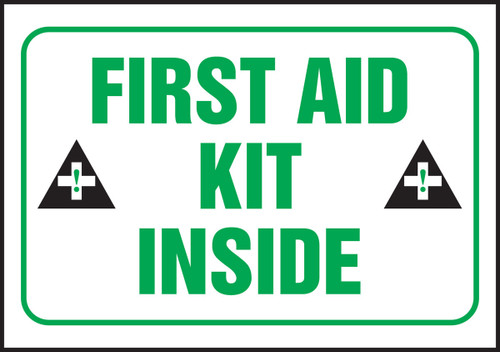 Safety Label: First Aid Kit Inside Spanish Adhesive Dura Vinyl 3 1/2" x 5" 1/Each - SHLFSD509XVE