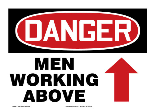 OSHA Danger Safety Sign: Men Working Above (Up Arrow) Spanish 14" x 20" Adhesive Vinyl 1/Each - SHMCRT014VS