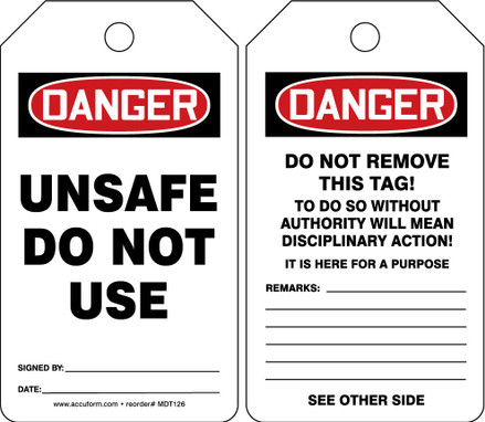 OSHA Danger Safety Tag: Unsafe - Do Not Use Spanish Standard Back A PF-Cardstock 5/Pack - SHMDT126CTM