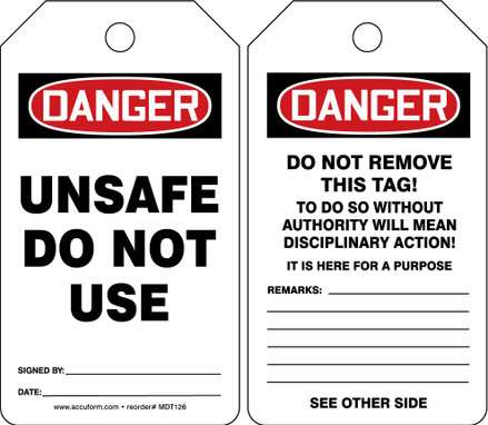 OSHA Danger Safety Tag: Unsafe - Do Not Use Spanish Standard Back A PF-Cardstock 25/Pack - SHMDT126CTP