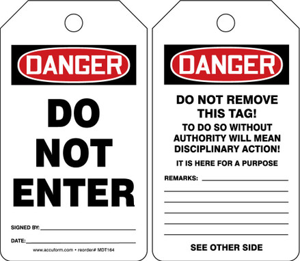 OSHA Danger Safety Tag: Do Not Enter Spanish Standard Back A RP-Plastic 25/Pack - SHMDT164PTP