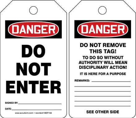 OSHA Danger Safety Tag: Do Not Enter Spanish Standard Back B RP-Plastic 5/Pack - SHMDT187PTM