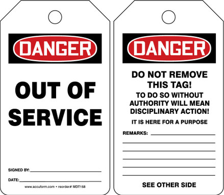 OSHA Danger Safety Tag: Out Of Service Spanish Standard Back B RP-Plastic 5/Pack - SHMDT246PTM