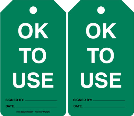 Equipment Status Safety Tag: OK To Use Spanish PF-Cardstock 25/Pack - SHMGT217CTP