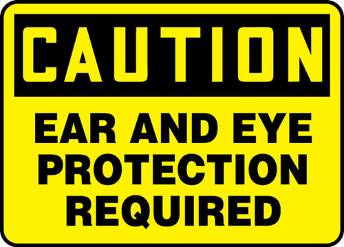 OSHA Caution Safety Sign: Ear And Eye Protection Required Spanish 7" x 10" Adhesive Vinyl 1/Each - SHMPPE436VS