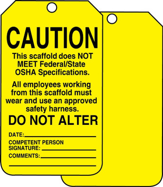 Scaffold Status Safety Tag: Caution- This Scaffold Does Not Meet Federal/State OSHA Specifications Spanish PF-Cardstock 5/Pack - SHTSS102CTM