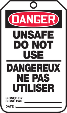 Bilingual OSHA Danger Safety Tag: Unsafe - Do Not Use RP-Plastic 25/Pack - TCF115PTP