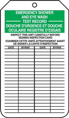 Bilingual Inspection & Status Record Tag: Emergency Shower And Eye Wash PF-Cardstock 5/Pack - TCF461CTM