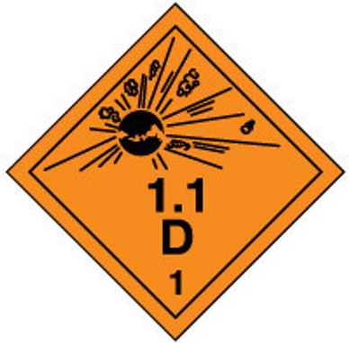 TDG Placard: Hazard Class 1 - Explosives & Blasting Agents (1.1D) 273mm x 273mm (10 3/4" x 10 3/4") Magnetic Vinyl 10/Pack - TCP104MG10