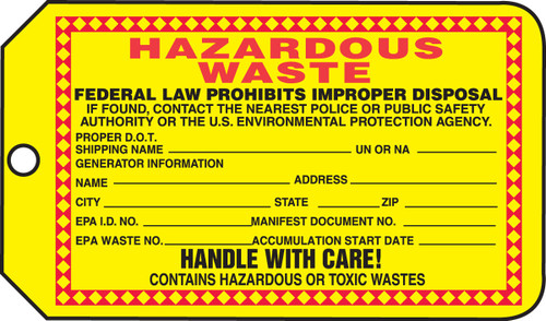 Safety Tag: Hazardous Waste - Handle With Care RP-Plastic 5/Pack - THS325PTM