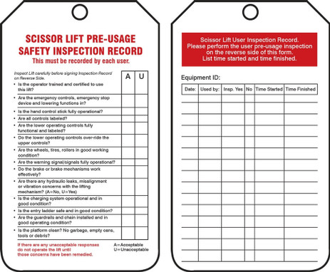 Scissor Lift Status Safety Tags: Scissor Lift Pre-Usage Safety Inspection Record RP-Plastic 25/Pack - TRS204PTP