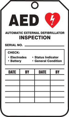 Jumbo AED Status Safety Tag: Automatic External Defibrillator Inspection 8 1/2" x 3 7/8" PF-Cardstock 5/Pack - TRS302CTM