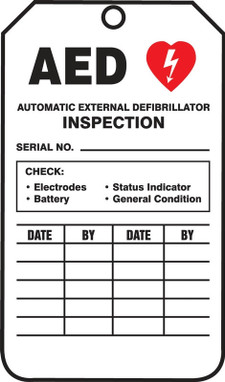Jumbo AED Status Safety Tag: Automatic External Defibrillator Inspection 8 1/2" x 3 7/8" PF-Cardstock 25/Pack - TRS302CTP