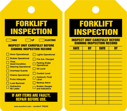 Equipment Status Safety Tag: Forklift Inspection PF-Cardstock 5/Pack - TRS305CTM