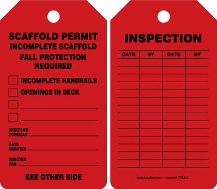 Scaffold Status Safety Tag: Scaffold Permit- Incomplete Scaffold RP-Plastic 5/Pack - TRS320PTM