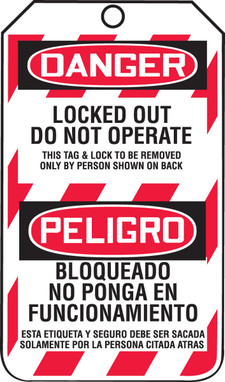 Bilingual OSHA Danger Lockout Tag: Locked Out - Do Not Operate RP-Plastic - TSP103PTP