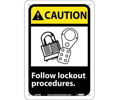 Caution: Follow Lock Out Procedures (W/Graphic) - 10X7 - Rigid Plastic - CGA4R