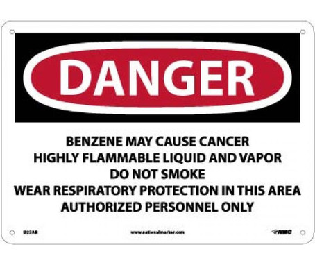 Danger: Benzene May Cause Cancer  Area Authorized Personnel Only - 10 X 14 - .040 Alum - D27AB