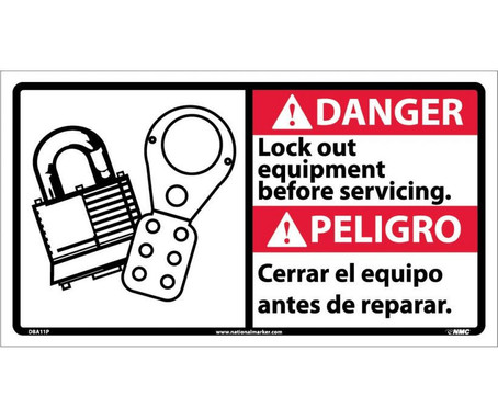 Danger: Lock Out Equipment Before Servicing (Bilingual W/Graphic) - 10X18 - PS Vinyl - DBA11P