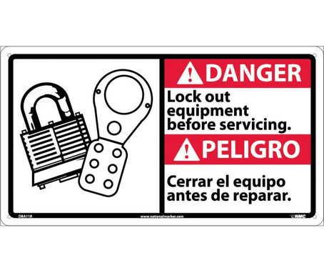 Danger: Lock Out Equipment Before Servicing (Bilingual W/Graphic) - 10X18 - Rigid Plastic - DBA11R