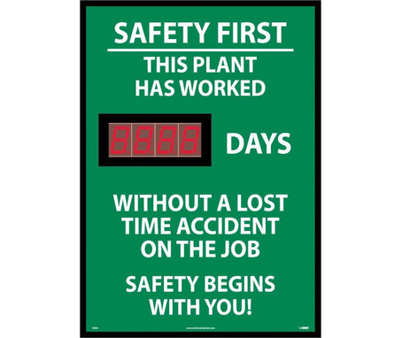 Digital Scoreboard - Safety First This Plant Has Worked XXX Days Without A Lost Time Accident On The Job Safety Begins With You! - 28X20 - .085 Styrene - DSB3