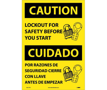 Caution: Lockout For Safety Before You Start (Bilingual) - 20X14 - PS Vinyl - ESC177PC