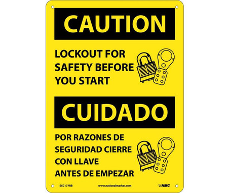 Caution: Lockout For Safety Before You Start (Bilingual) - 14X10 - Rigid Plastic - ESC177RB