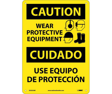 Caution: Wear Protective Equipment Bilingual - Graphic - 14X10 - .040 Alum - ESC653AB