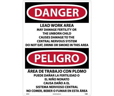 Danger: Peligro Lead Work Area May Damage Fertility  Do Not Eat - Drink Or Smoke In This Area (Bilingual) - 28 X 20 - .040 Alum - ESD26AD