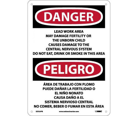 Danger: Peligro Lead Work Area May Damage Fertility  Do Not Eat - Drink Or Smoke In This Area (Bilingual) - 14 X 10 - PS Vinyl - ESD26PB