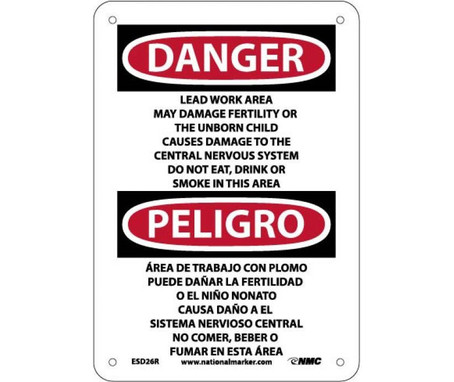 Danger: Peligro Lead Work Area May Damage Fertility  Do Not Eat - Drink Or Smoke In This Area (Bilingual) - 10 X 7 - Rigid Plastic - ESD26R