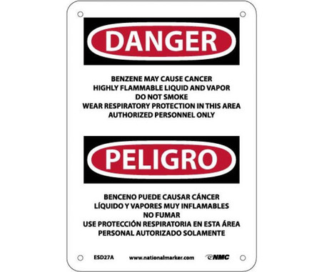 Danger: Peligro Benzene  Area Authorized Personnel Only (Bilingual) - 10 X 7 - .040 Alum - ESD27A