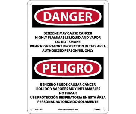 Danger: Peligro Benzene  Area Authorized Personnel Only (Bilingual) - 14 X 10 - .040 Alum - ESD27AB